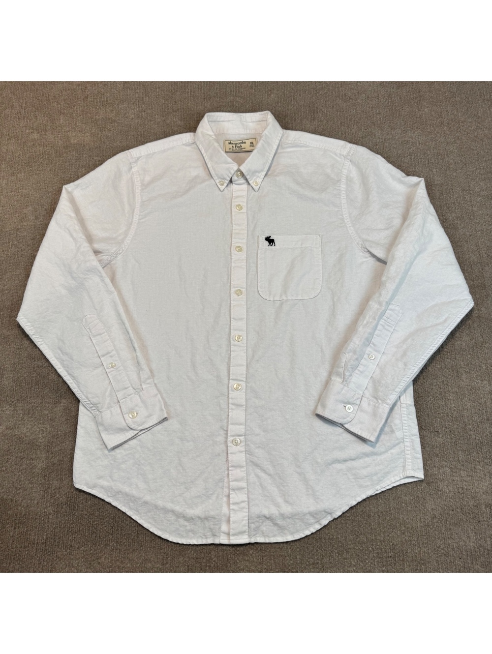Abercrombie Fitch Shirt White Button-Down Linen Cotton Mens XL A&F Moose Logo